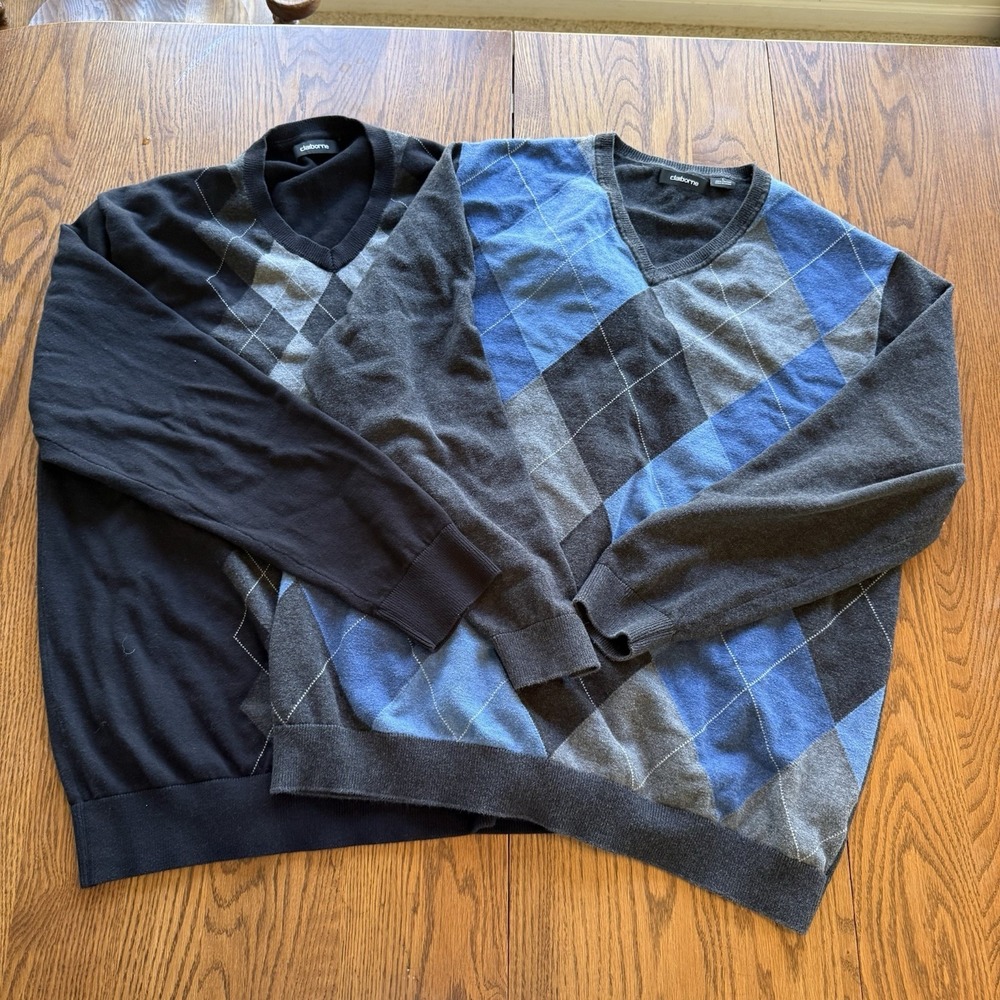 Set 2 Liz Claiborne Argyle Preppy Academy‎ Cotton Sweater Size Large Blue Black - Picture 2 of 13